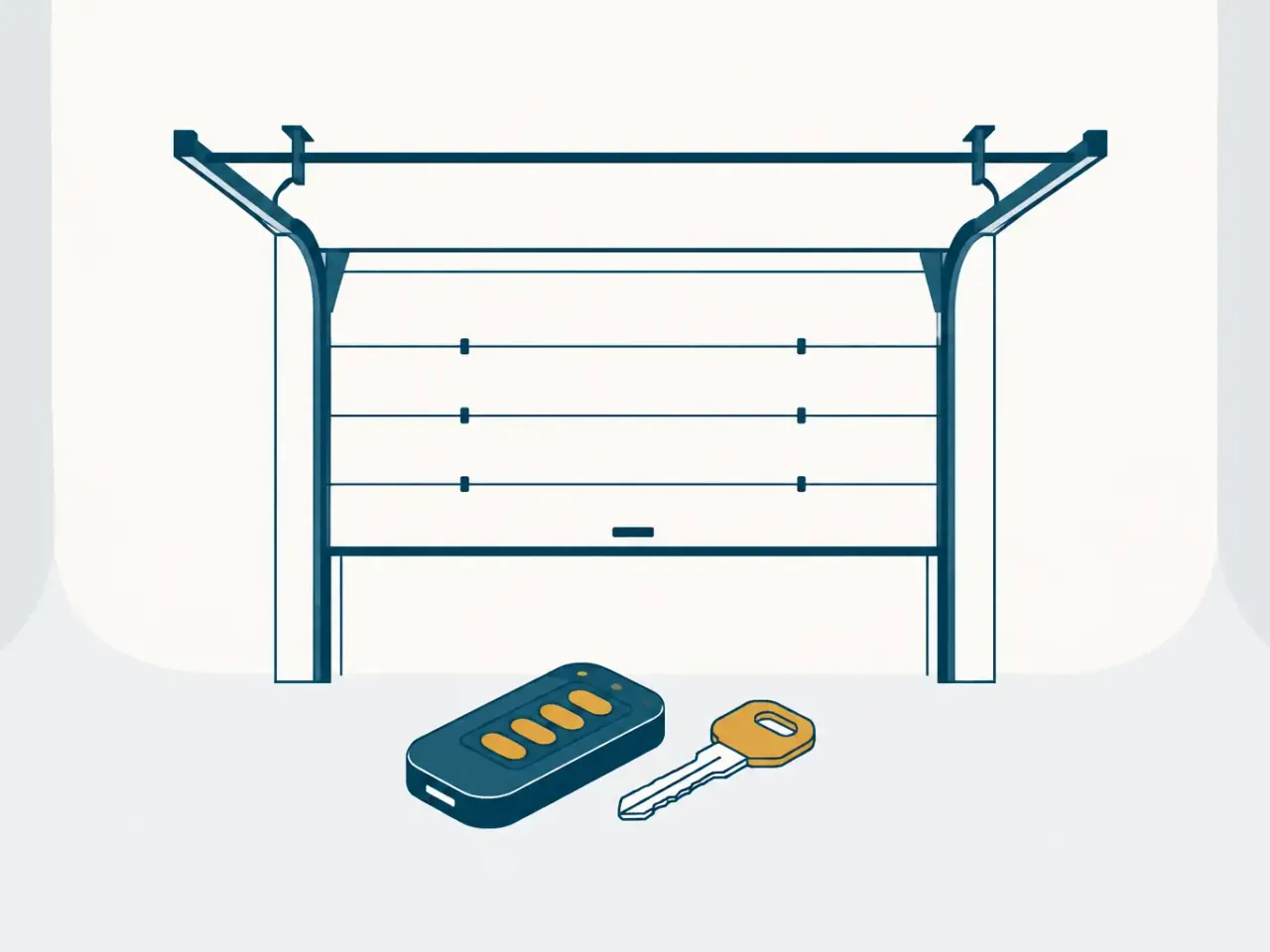 Illustration eines Garagentors mit Funksender und Schlüssel